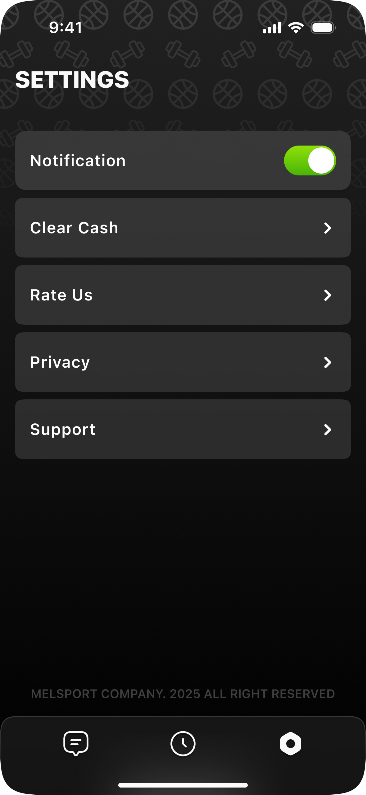 Melbay settings with notification toggle